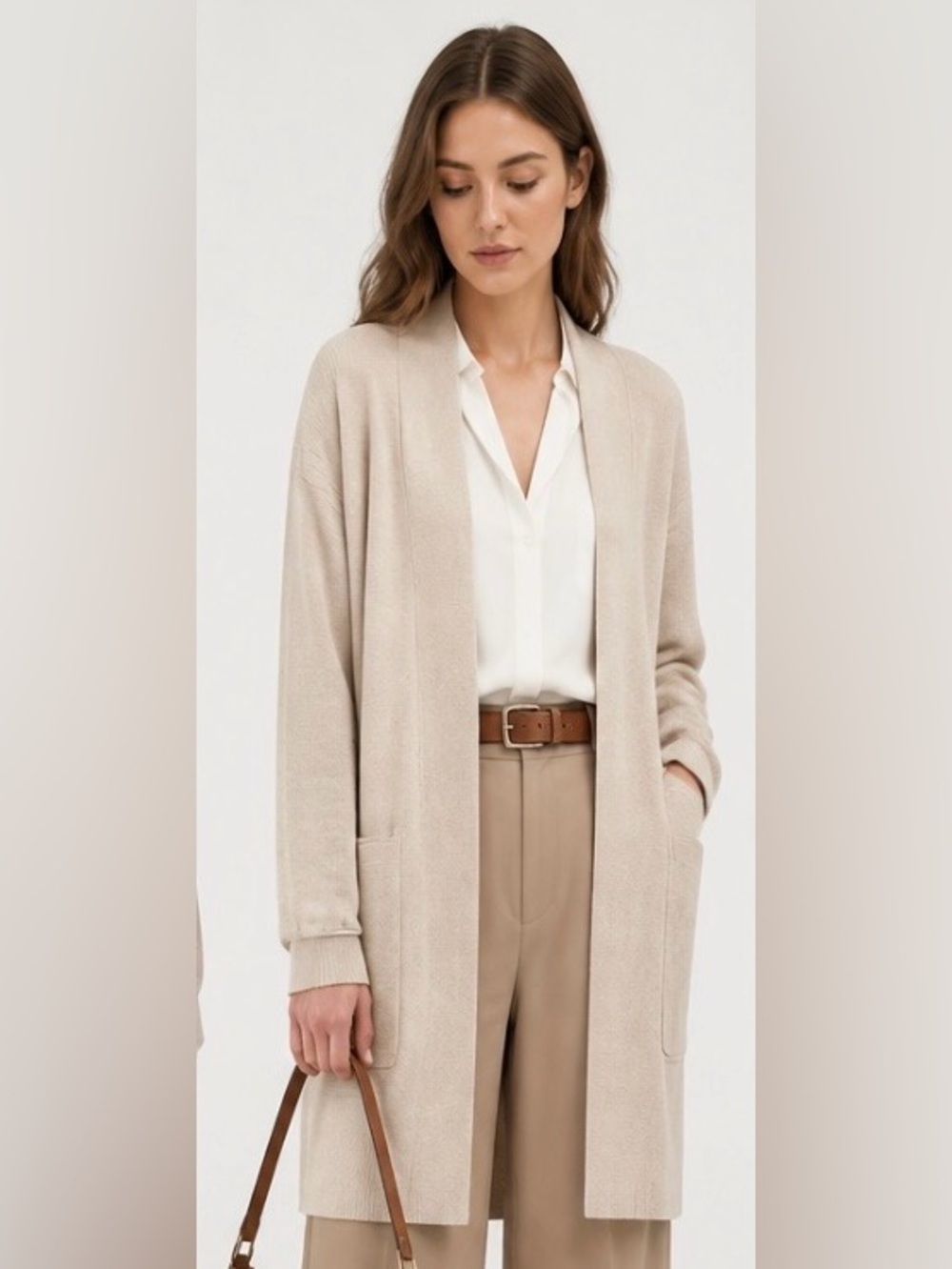 MAGASCHONI Tunic Cardigan Open Ribbed Elegant Career Beige Shawl XL